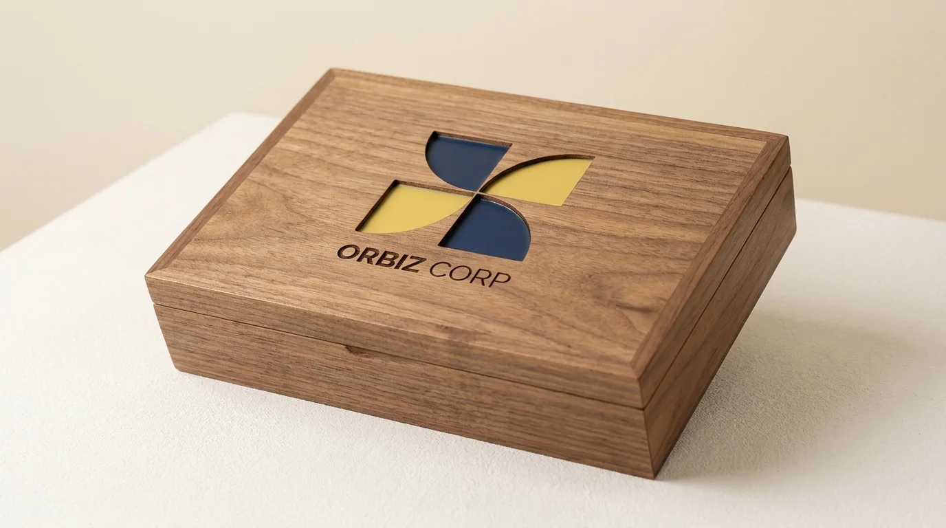 Orbiz Corp branded wooden presentation box made with CNC cutting